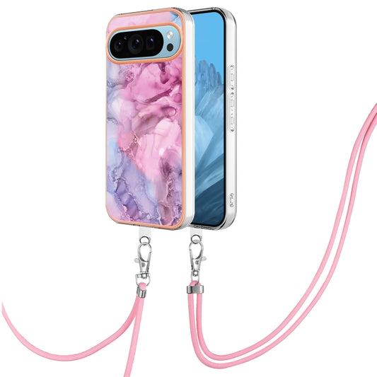 For Google Pixel 9 / 9 Pro Electroplating Marble Dual-side IMD Phone Case with Lanyard(Pink 013) by buy2fix