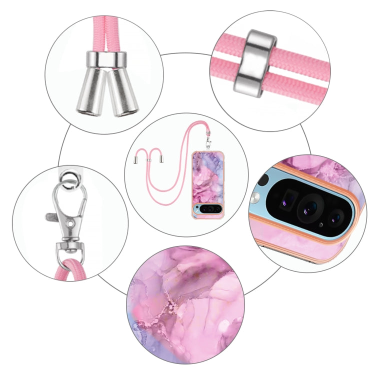 For Google Pixel 9 / 9 Pro Electroplating Marble Dual-side IMD Phone Case with Lanyard(Pink 013) by buy2fix