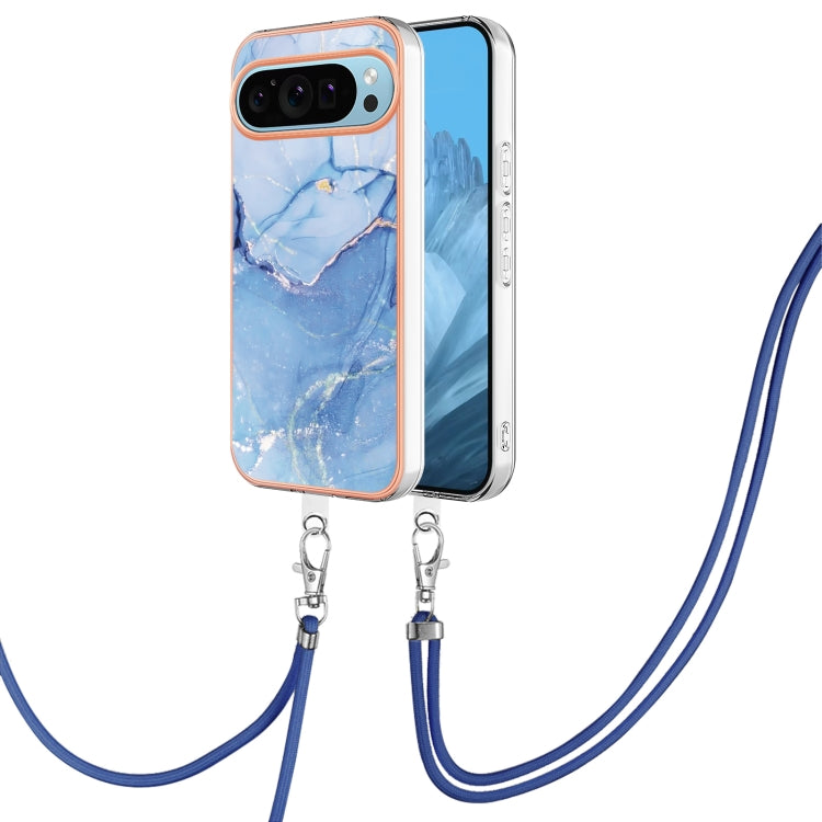 For Google Pixel 9 / 9 Pro Electroplating Marble Dual-side IMD Phone Case with Lanyard(Blue 018) by buy2fix