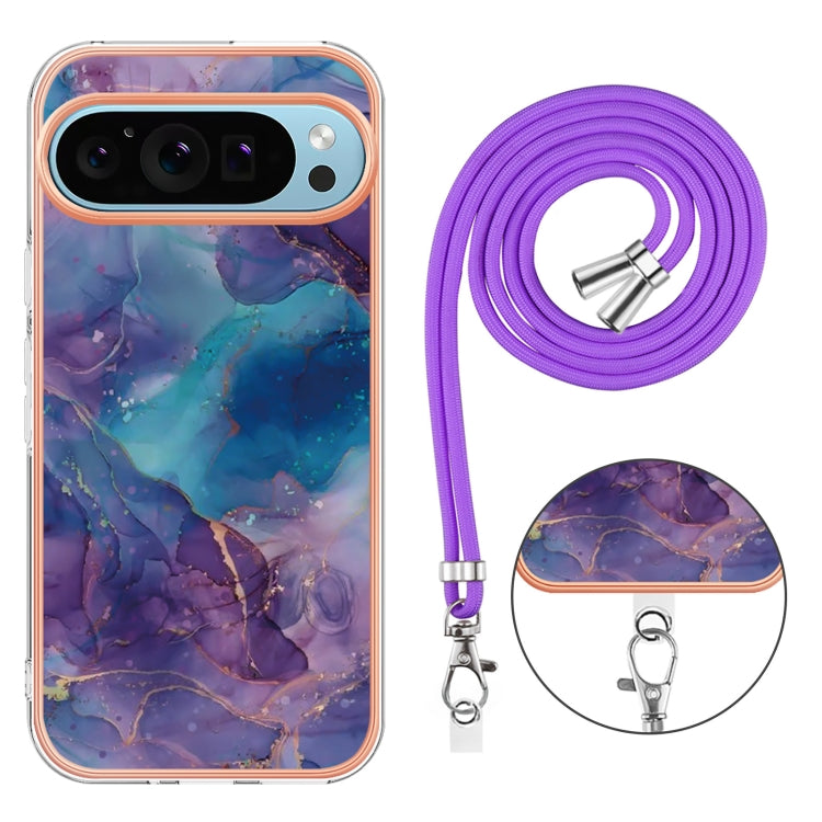 For Google Pixel 9 / 9 Pro Electroplating Marble Dual-side IMD Phone Case with Lanyard(Purple 016) by buy2fix