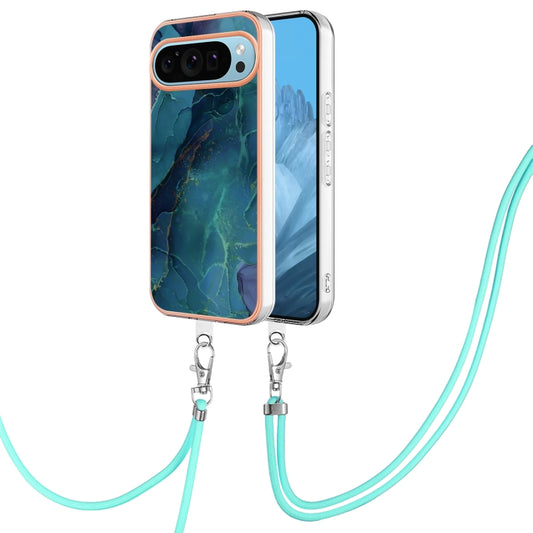 For Google Pixel 9 / 9 Pro Electroplating Marble Dual-side IMD Phone Case with Lanyard(Green 017) by buy2fix