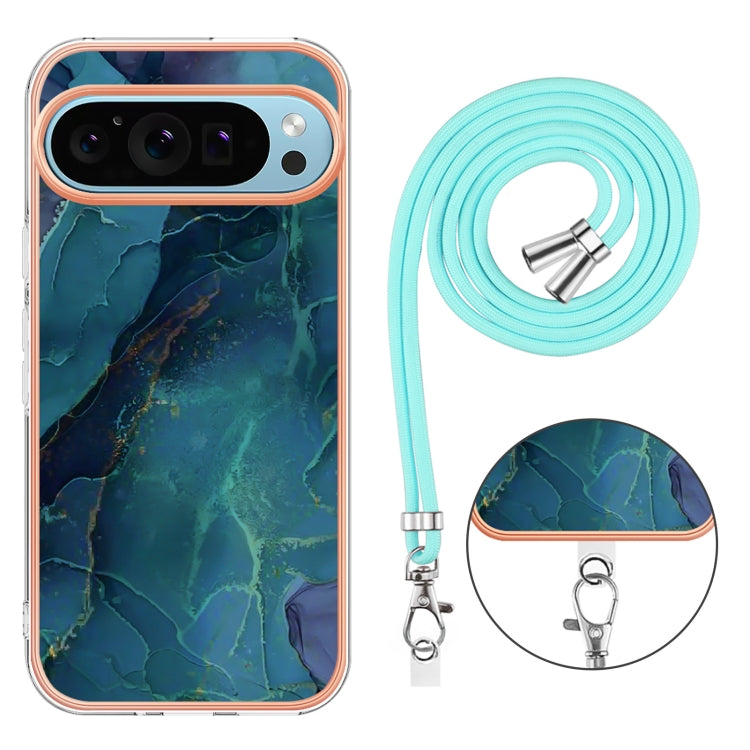 For Google Pixel 9 / 9 Pro Electroplating Marble Dual-side IMD Phone Case with Lanyard(Green 017) by buy2fix