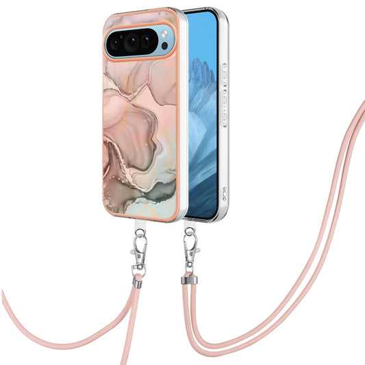 For Google Pixel 9 Pro XL Electroplating Marble Dual-side IMD Phone Case with Lanyard(Rose Gold 015) by buy2fix