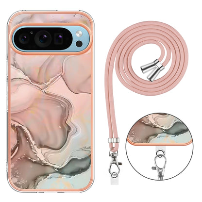 For Google Pixel 9 Pro XL Electroplating Marble Dual-side IMD Phone Case with Lanyard(Rose Gold 015) by buy2fix