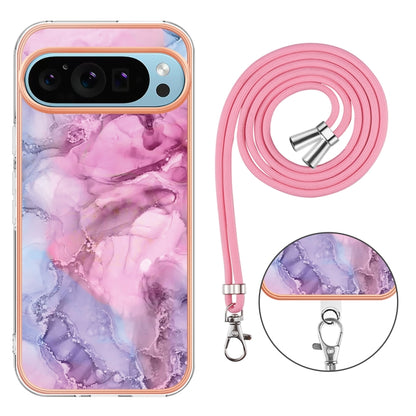 For Google Pixel 9 Pro XL Electroplating Marble Dual-side IMD Phone Case with Lanyard(Pink 013) by buy2fix