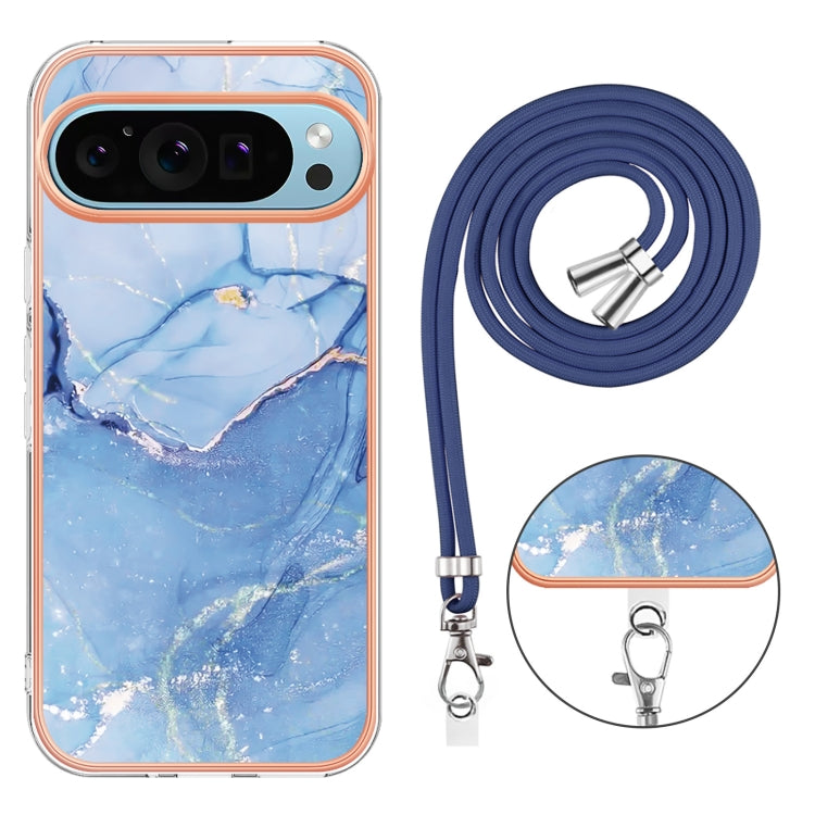 For Google Pixel 9 Pro XL Electroplating Marble Dual-side IMD Phone Case with Lanyard(Blue 018) by buy2fix