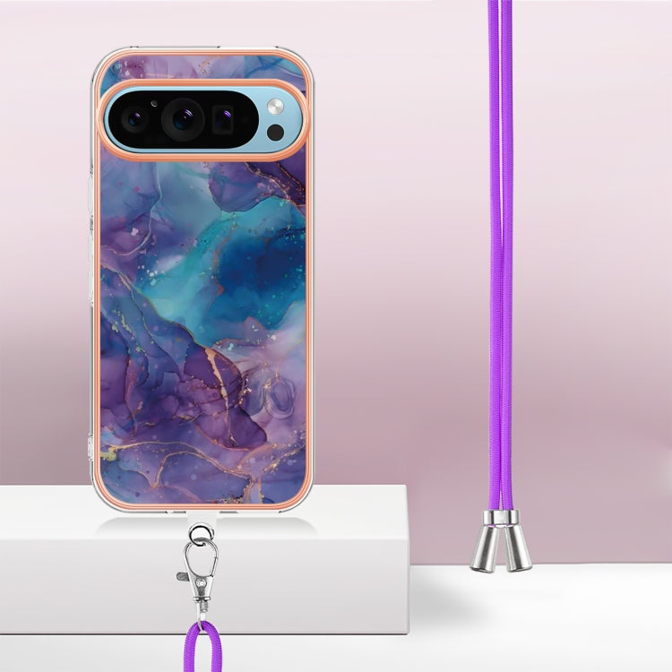 For Google Pixel 9 Pro XL Electroplating Marble Dual-side IMD Phone Case with Lanyard(Purple 016) by buy2fix
