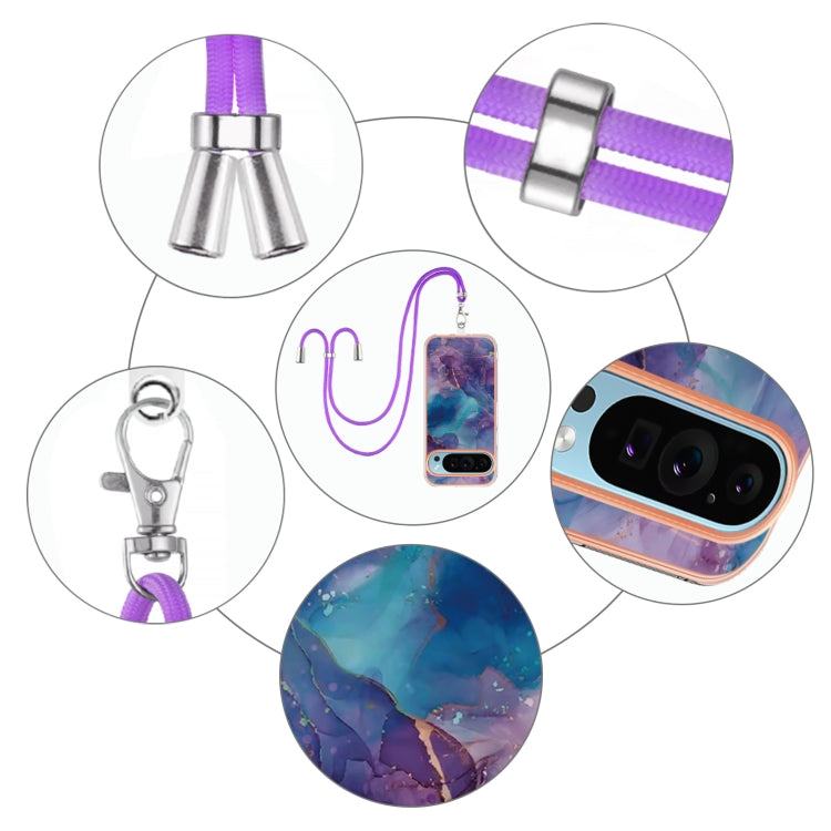 For Google Pixel 9 Pro XL Electroplating Marble Dual-side IMD Phone Case with Lanyard(Purple 016) by buy2fix