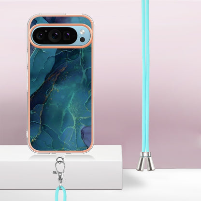 For Google Pixel 9 Pro XL Electroplating Marble Dual-side IMD Phone Case with Lanyard(Green 017) by buy2fix