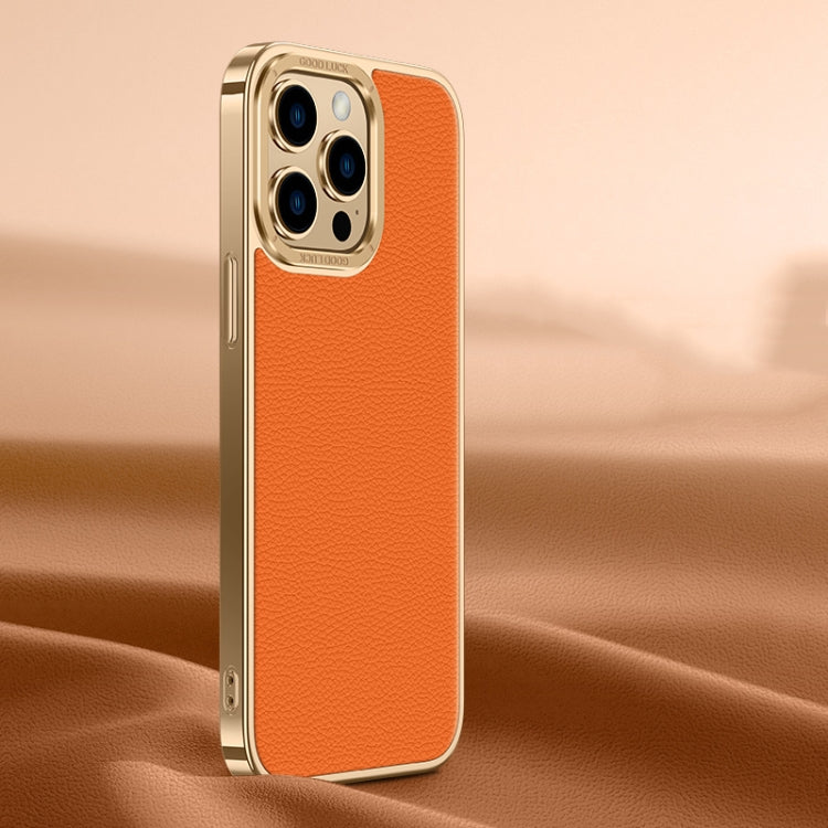 For iPhone 14 Pro Max Litchi Texture Genuine Leather Phone Case(Orange) - iPhone 14 Pro Max Cases by buy2fix | Online Shopping UK | buy2fix