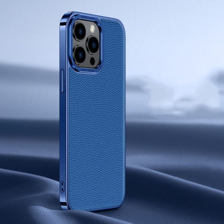 For iPhone 14 Pro Max Litchi Texture Genuine Leather Phone Case(Blue) - iPhone 14 Pro Max Cases by buy2fix | Online Shopping UK | buy2fix