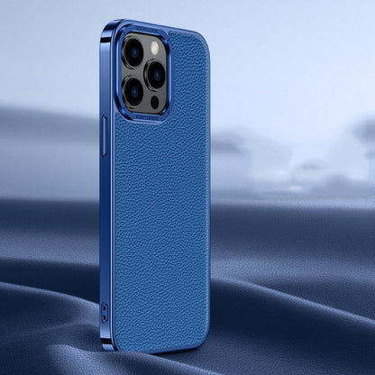 For iPhone 14 Pro Max Litchi Texture Genuine Leather Phone Case(Blue) - iPhone 14 Pro Max Cases by buy2fix | Online Shopping UK | buy2fix