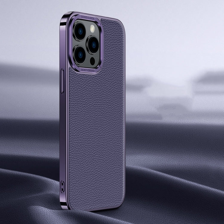 For iPhone 14 Pro Max Litchi Texture Genuine Leather Phone Case(Purple) - iPhone 14 Pro Max Cases by buy2fix | Online Shopping UK | buy2fix