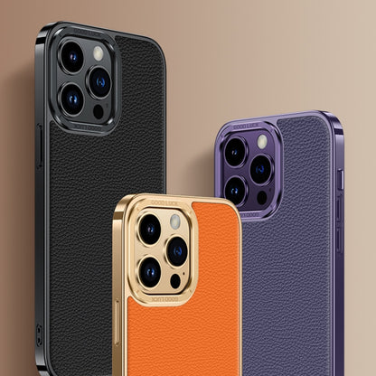 For iPhone 14 Pro Max Litchi Texture Genuine Leather Phone Case(Blue) - iPhone 14 Pro Max Cases by buy2fix | Online Shopping UK | buy2fix