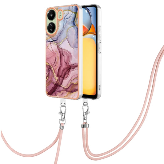 For Xiaomi Redmi 13C 4G Electroplating Marble Dual-side IMD Phone Case with Lanyard(Rose Red 014) by buy2fix