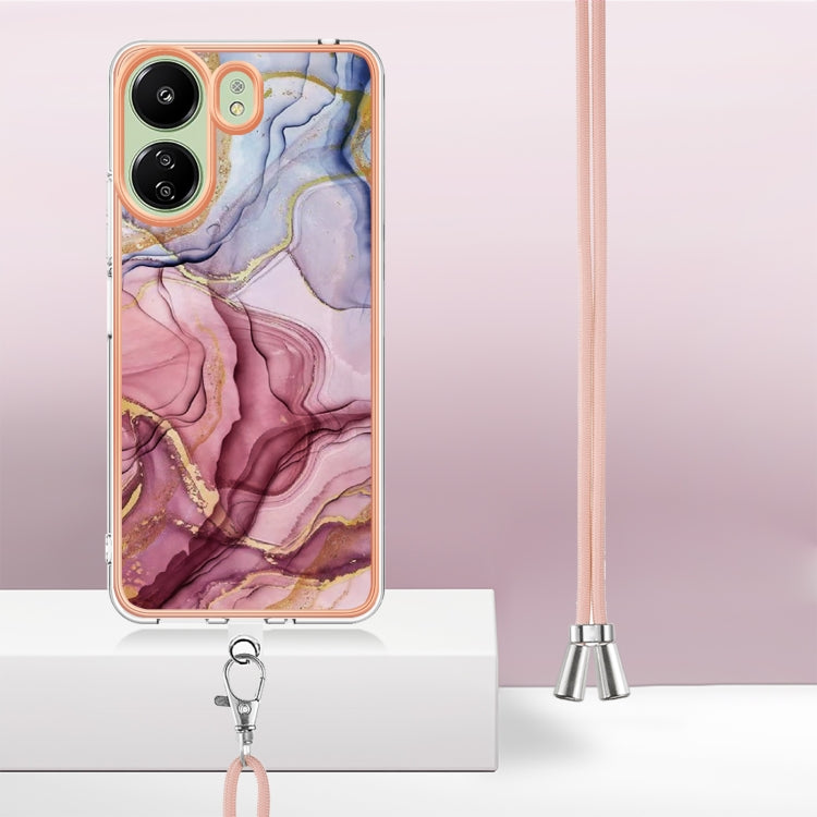 For Xiaomi Redmi 13C 4G Electroplating Marble Dual-side IMD Phone Case with Lanyard(Rose Red 014) by buy2fix