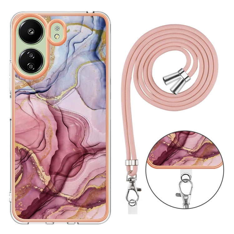 For Xiaomi Redmi 13C 4G Electroplating Marble Dual-side IMD Phone Case with Lanyard(Rose Red 014) by buy2fix