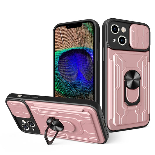 For iPhone 15 Sliding Camshield TPU+PC Phone Case with Card Slot(Rose Gold) - iPhone 15 Cases by buy2fix | Online Shopping UK | buy2fix