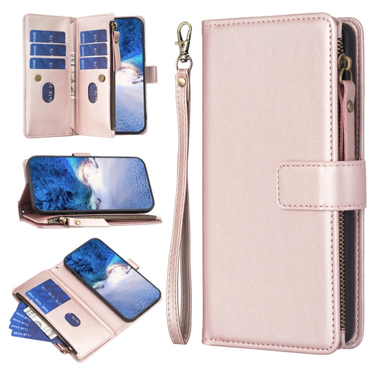 For Motorola Edge 40 9 Card Slots Zipper Wallet Leather Flip Phone Case(Rose Gold)
