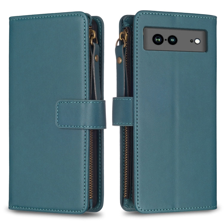For Google Pixel 7a 9 Card Slots Zipper Wallet Leather Flip Phone Case(Green) by buy2fix