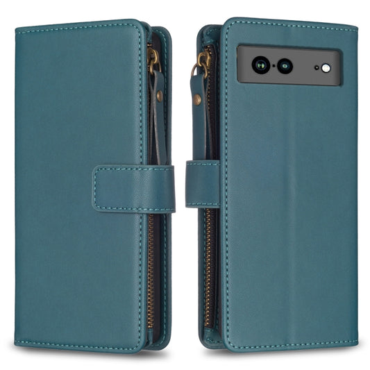 For Google Pixel 7a 9 Card Slots Zipper Wallet Leather Flip Phone Case(Green) by buy2fix
