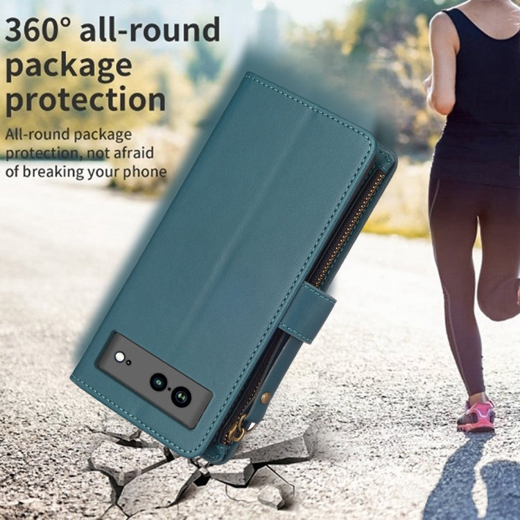 For Google Pixel 7a 9 Card Slots Zipper Wallet Leather Flip Phone Case(Green) by buy2fix