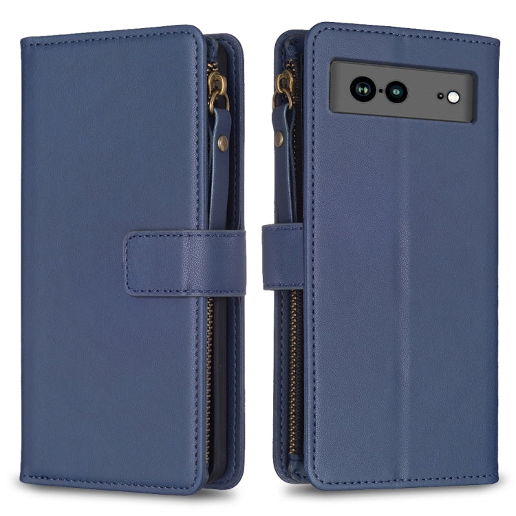 For Google Pixel 7a 9 Card Slots Zipper Wallet Leather Flip Phone Case(Blue) by buy2fix