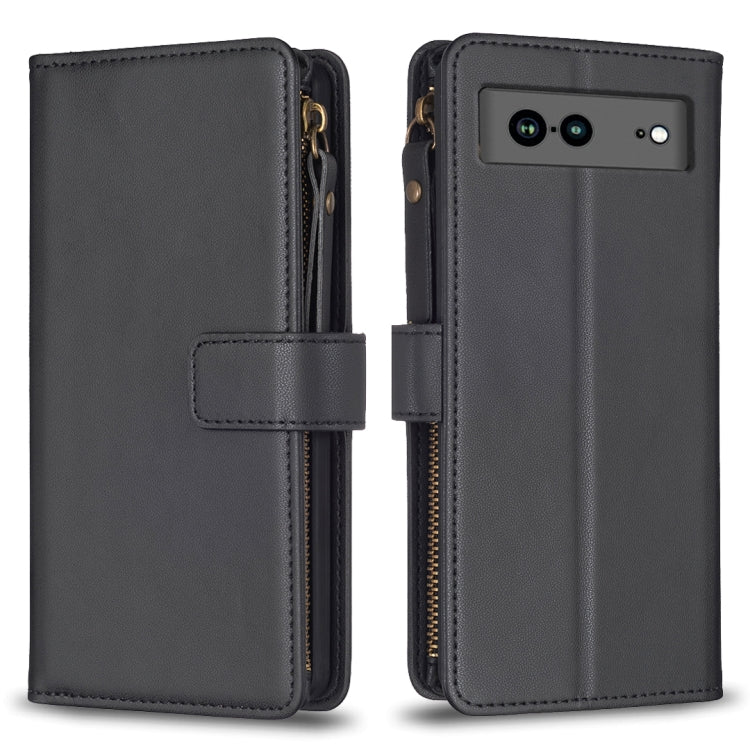 For Google Pixel 7a 9 Card Slots Zipper Wallet Leather Flip Phone Case(Black) by buy2fix