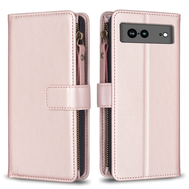 For Google Pixel 7a 9 Card Slots Zipper Wallet Leather Flip Phone Case(Rose Gold) by buy2fix