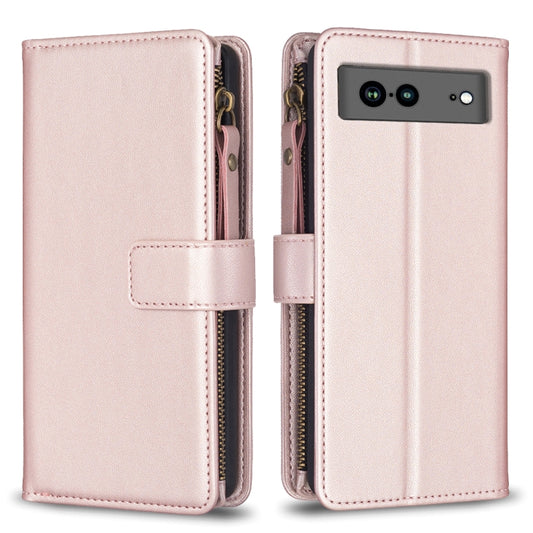 For Google Pixel 7a 9 Card Slots Zipper Wallet Leather Flip Phone Case(Rose Gold) by buy2fix