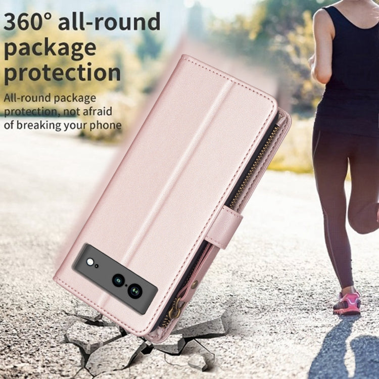 For Google Pixel 7a 9 Card Slots Zipper Wallet Leather Flip Phone Case(Rose Gold) by buy2fix