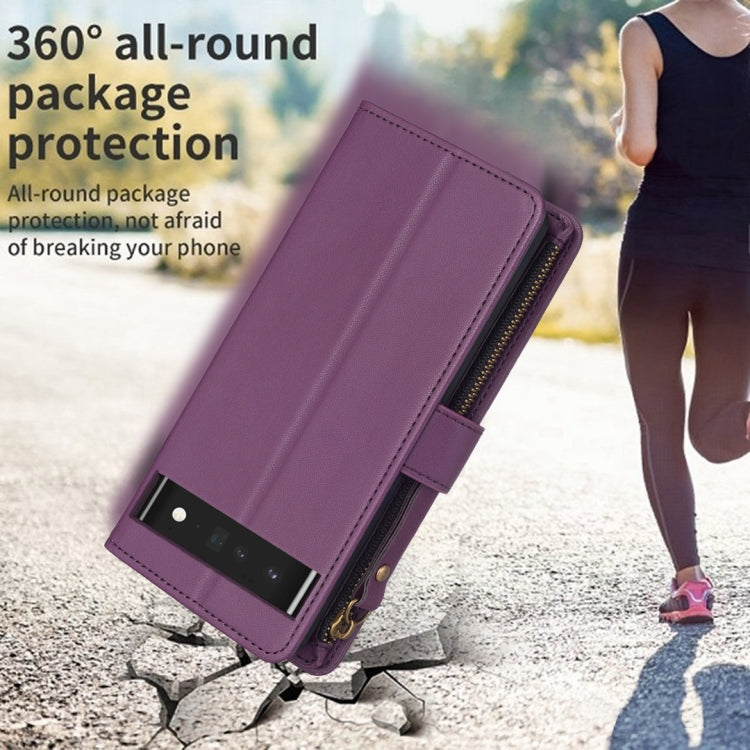 For Google Pixel 7 Pro 9 Card Slots Zipper Wallet Leather Flip Phone Case(Dark Purple) by buy2fix