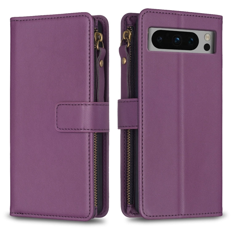 For Google Pixel 8 Pro 9 Card Slots Zipper Wallet Leather Flip Phone Case(Dark Purple) by buy2fix