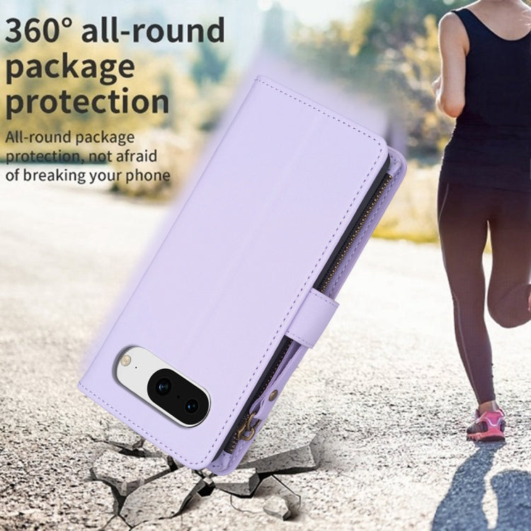 For Google Pixel 8 9 Card Slots Zipper Wallet Leather Flip Phone Case(Light Purple) by buy2fix