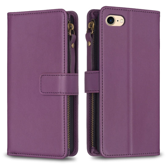 For iPhone SE 2022/SE 2020 / 8 / 7 9 Card Slots Zipper Wallet Leather Flip Phone Case(Dark Purple)
