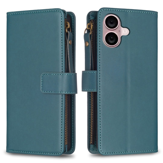 For iPhone 16 Plus 9 Card Slots Zipper Wallet Leather Flip Phone Case(Green)