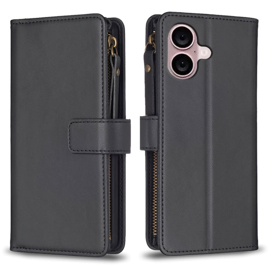 For iPhone 16 Plus 9 Card Slots Zipper Wallet Leather Flip Phone Case(Black)