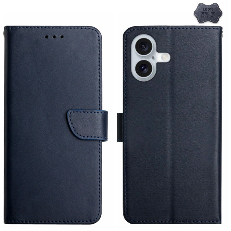 For iPhone 16 Plus Genuine Leather Fingerprint-proof Flip Phone Case(Blue) by buy2fix