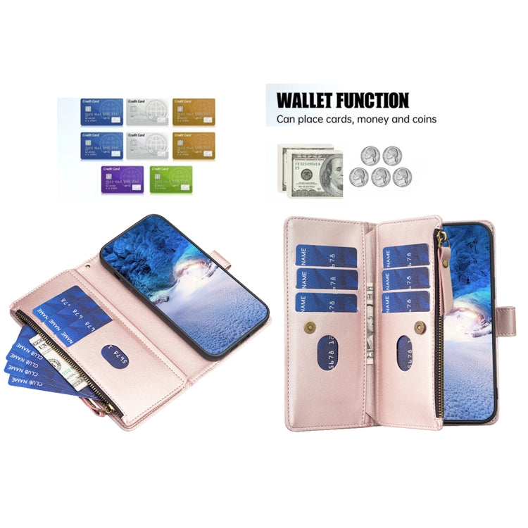 For Xiaomi Redmi Note 13 4G Global 9 Card Slots Zipper Wallet Leather Flip Phone Case(Rose Gold) - Xiaomi Cases by buy2fix | Online Shopping UK | buy2fix