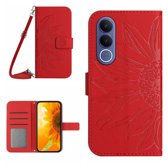 For vivo V70 FE 5G Skin Feel Sun Flower Embossed Flip Leather Phone Case with Lanyard(Red)