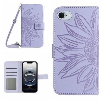 For iPhone 16e Skin Feel Sun Flower Embossed Flip Leather Phone Case with Lanyard(Purple) by buy2fix
