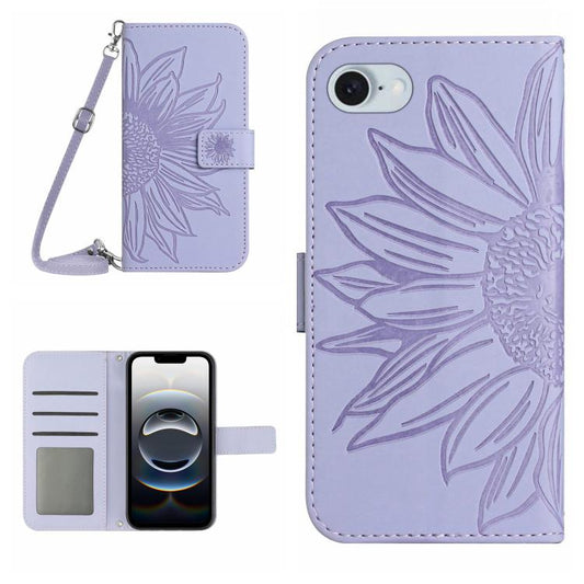 For iPhone 16e Skin Feel Sun Flower Embossed Flip Leather Phone Case with Lanyard(Purple) by buy2fix