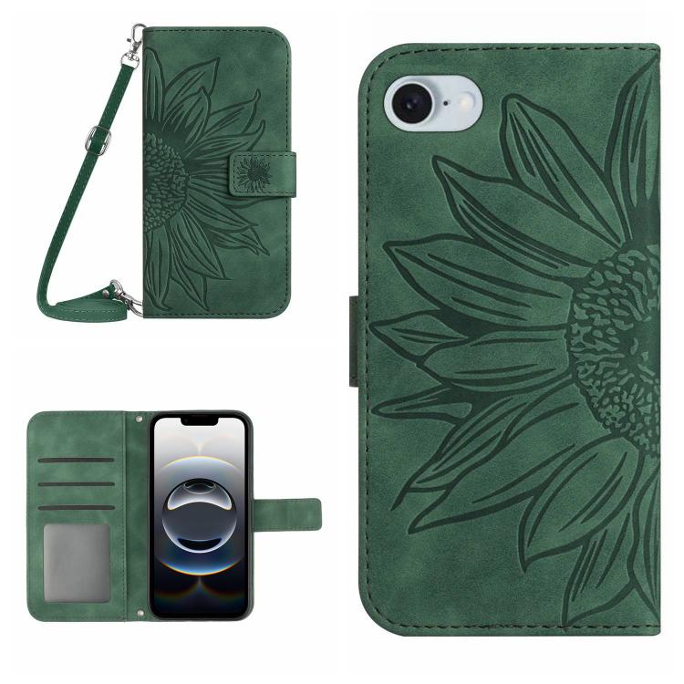 For iPhone 16e Skin Feel Sun Flower Embossed Flip Leather Phone Case with Lanyard(Green) by buy2fix