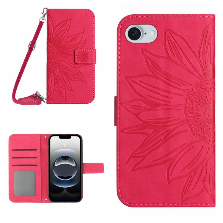 For iPhone 16e Skin Feel Sun Flower Embossed Flip Leather Phone Case with Lanyard(Rose Red) by buy2fix