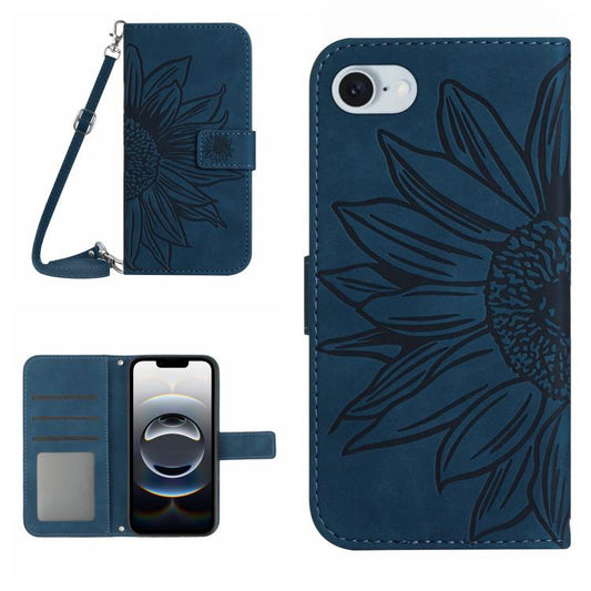 For iPhone 16e Skin Feel Sun Flower Embossed Flip Leather Phone Case with Lanyard(Inky Blue) by buy2fix