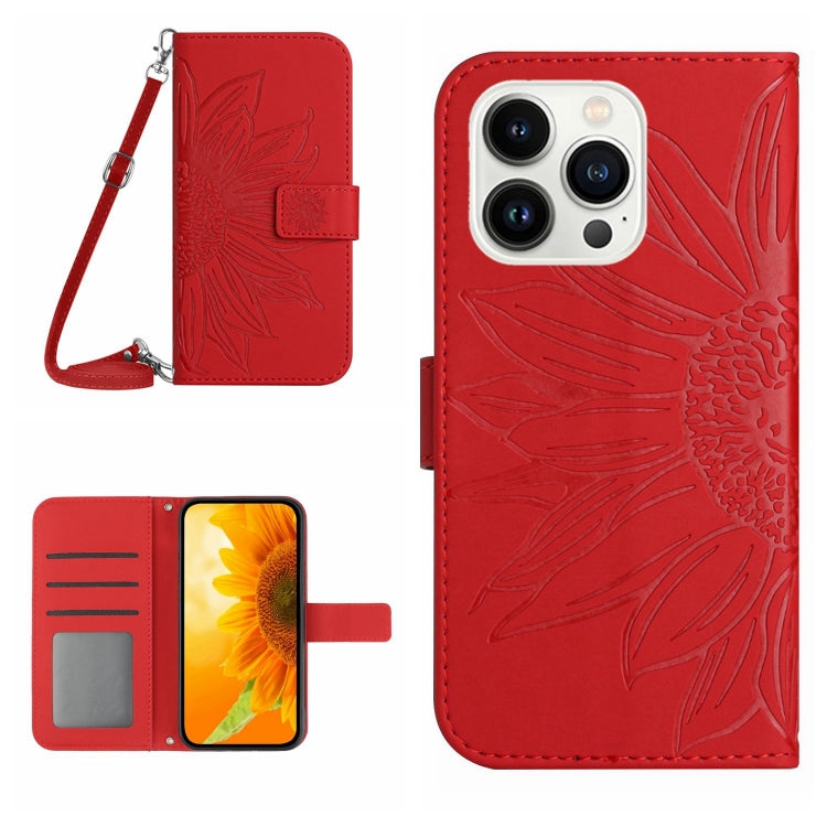 For iPhone 16 Pro Max Skin Feel Sun Flower Embossed Flip Leather Phone Case with Lanyard(Red) by buy2fix