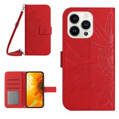 For iPhone 16 Pro Max Skin Feel Sun Flower Embossed Flip Leather Phone Case with Lanyard(Red) by buy2fix