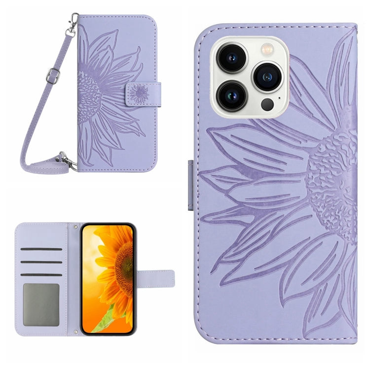 For iPhone 16 Pro Max Skin Feel Sun Flower Embossed Flip Leather Phone Case with Lanyard(Purple) by buy2fix
