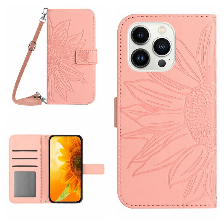 For iPhone 16 Pro Max Skin Feel Sun Flower Embossed Flip Leather Phone Case with Lanyard(Pink) by buy2fix