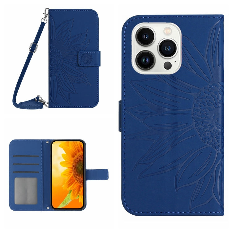 For iPhone 16 Pro Max Skin Feel Sun Flower Embossed Flip Leather Phone Case with Lanyard(Dark Blue) by buy2fix